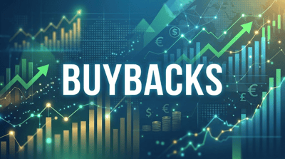 Illustrated graphic with the word "Buybacks" overlaid on rising stock charts and currency symbols.