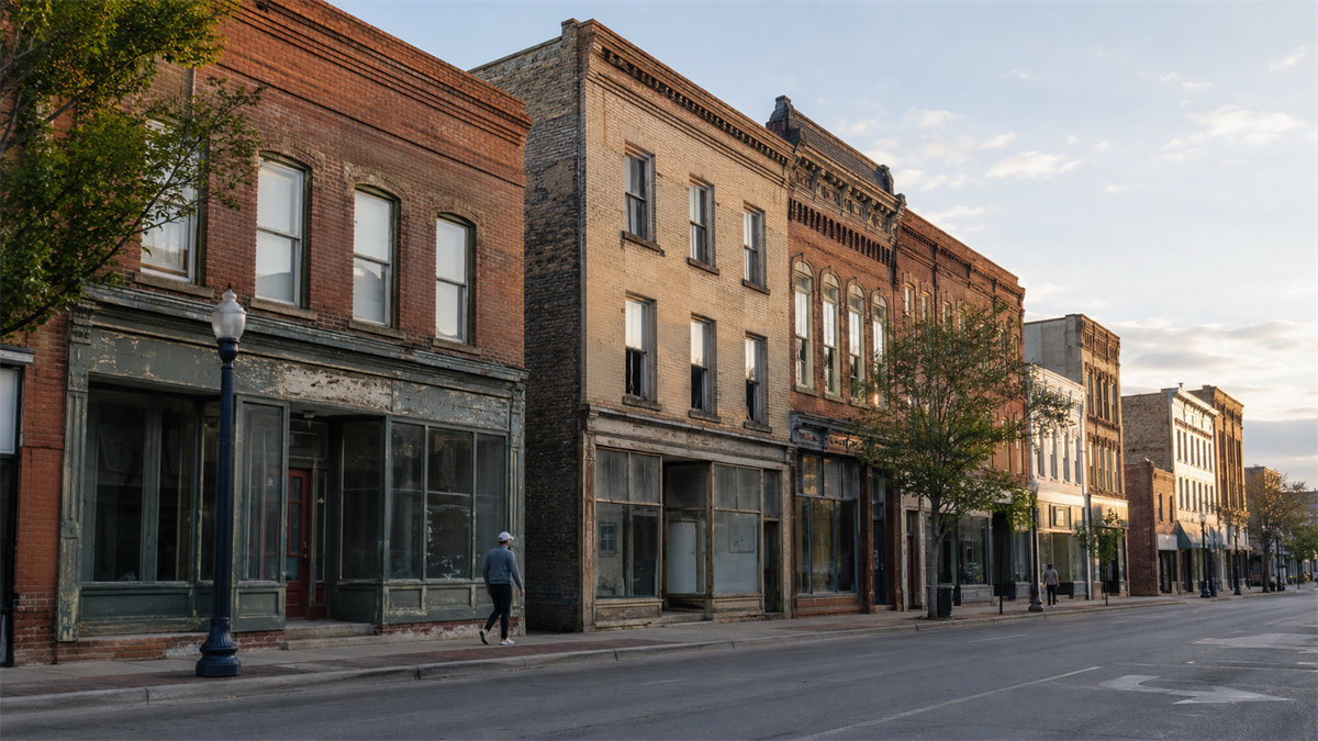Historic downtown Main Street with old brick buildings, empty storefronts, and pedestrians.