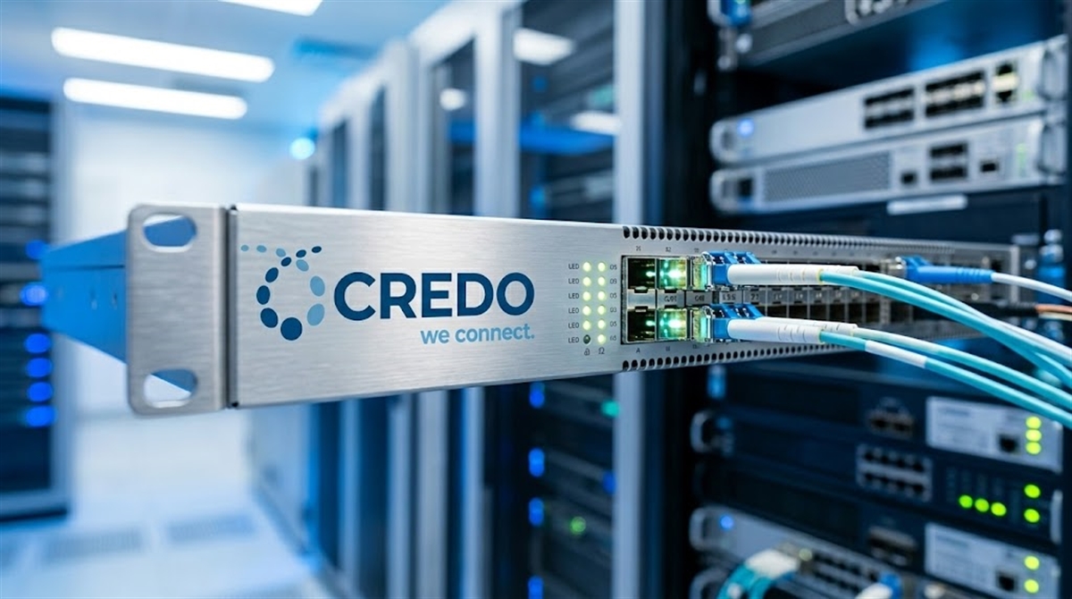 A Credo Technology Group rack-mount networking device with fiber optic cables connected in a data center.
