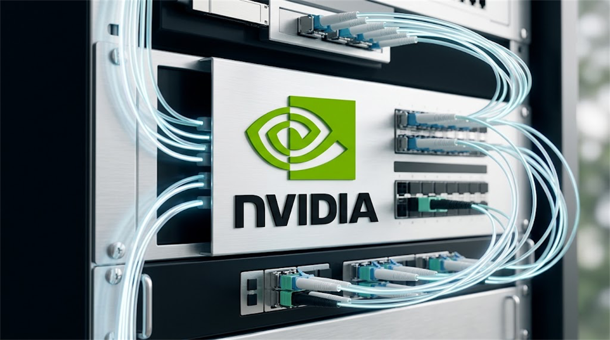 NVIDIA-branded server rack hardware with fiber optic cables connected to networking equipment.