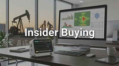Illustration representing insider buying, featuring a desktop with financial charts and oil pump jacks visible in the background.