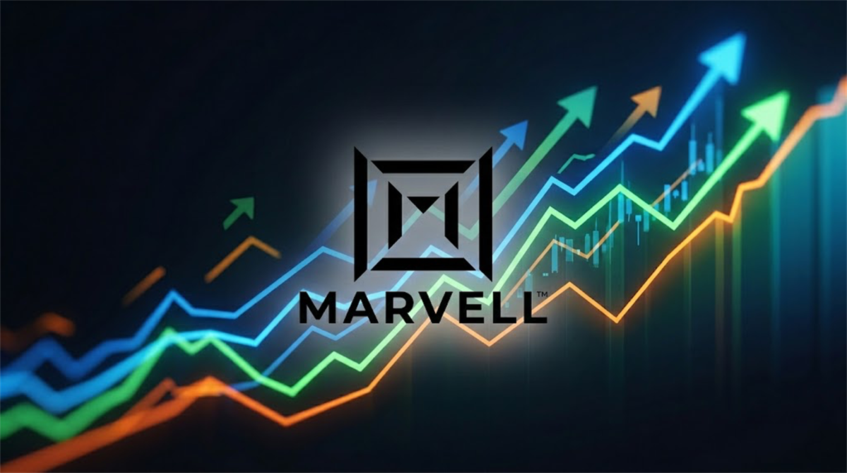Marvell Technology logo overlaid on a stylized stock chart with multiple upward-trending arrows.
