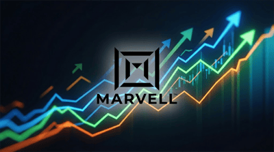 Marvell Technology logo overlaid on a stylized stock chart with multiple upward-trending arrows.