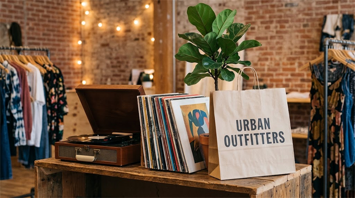 An Urban Outfitters branded shopping bag sits on a display table inside a retail store.