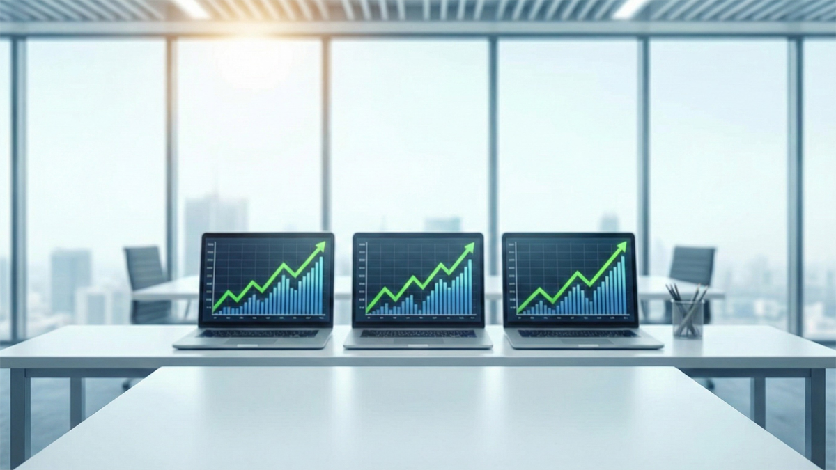 Three laptops on an office conference table each display upward-trending financial bar charts with green arrows.
