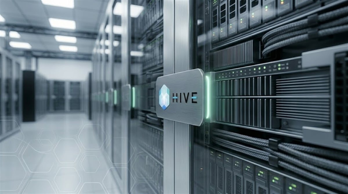 HIVE Digital Technologies logo displayed on a server rack inside a data center facility.