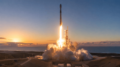 A rocket lifts off from a coastal launch pad at sunset.