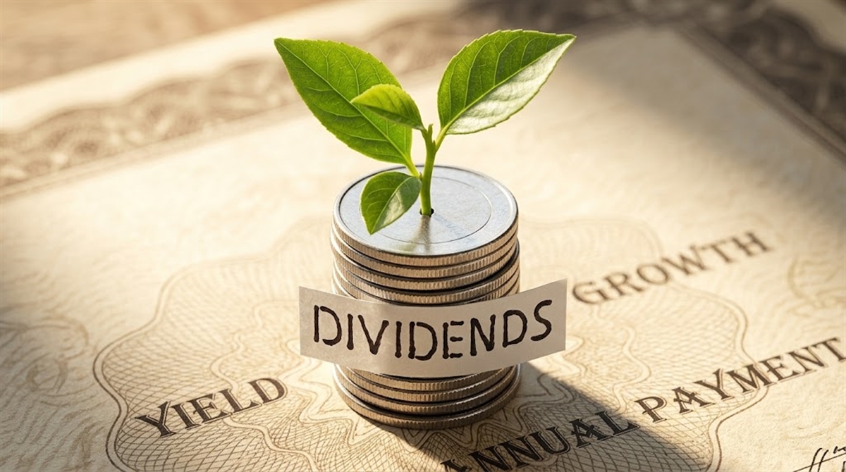 A stack of coins labeled "Dividends" with a green seedling on top, resting on a financial document.