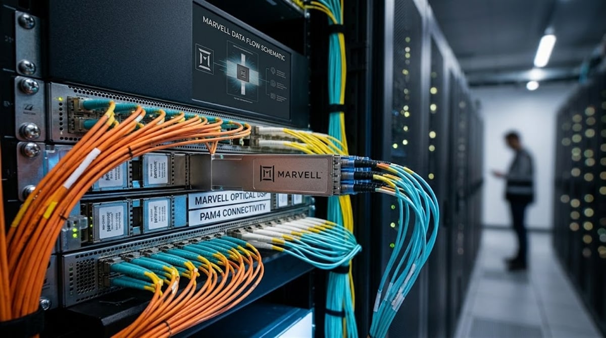Marvell Technology networking hardware with fiber optic cables installed in a data center rack.