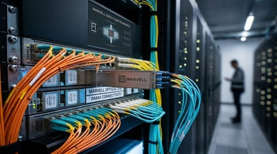 Marvell Technology networking hardware with fiber optic cables installed in a data center rack.