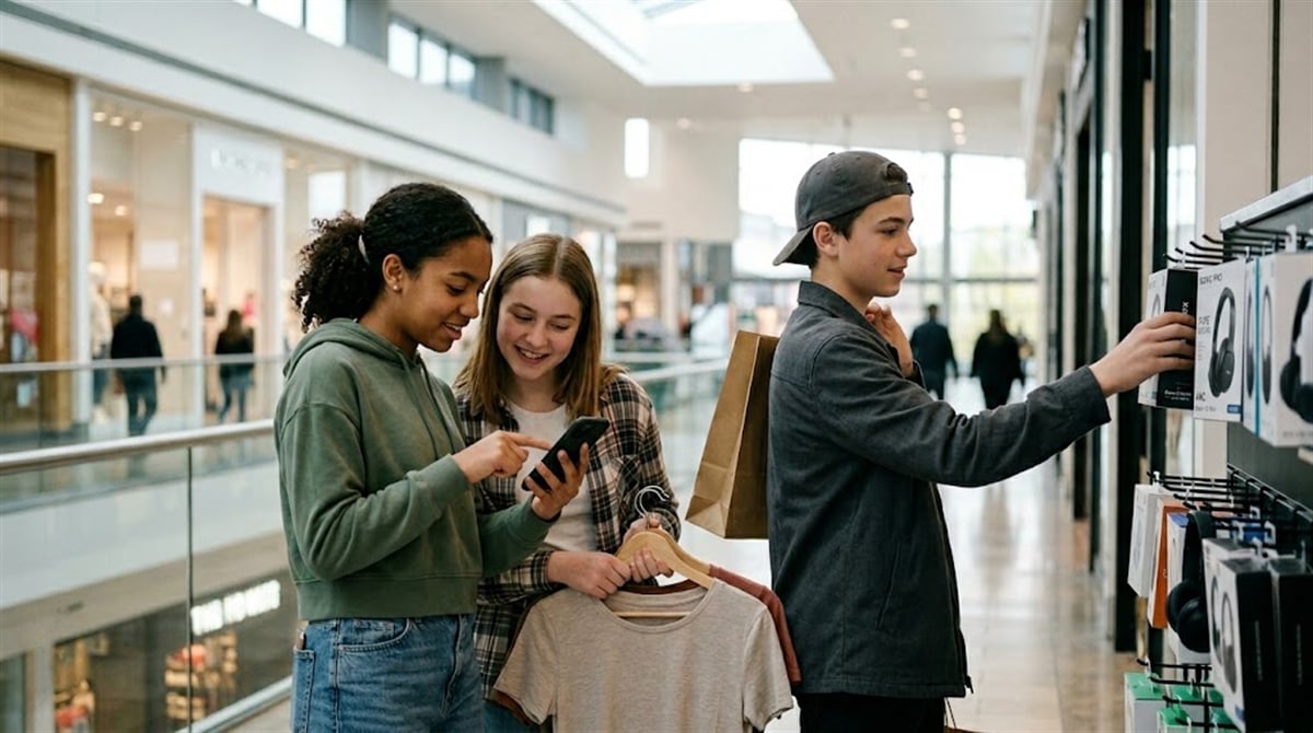 Three teenagers browse consumer electronics and clothing while shopping inside a retail mall.