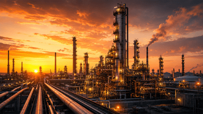 An oil refinery with distillation towers and pipelines lit at sunset against an orange sky.