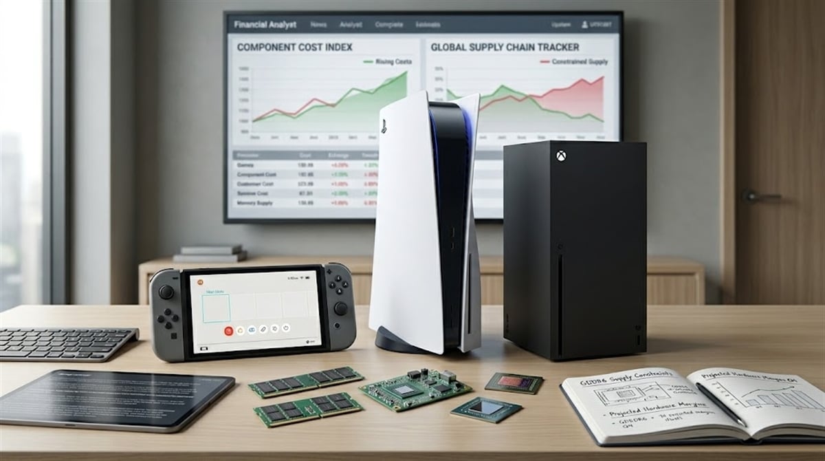 A PlayStation 5, Xbox Series X, and Nintendo Switch sit on a desk alongside semiconductor components and financial supply chain charts.
