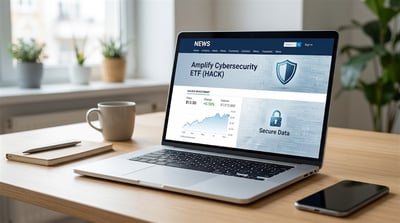 A laptop on a desk displays a financial news page for the Amplify Cybersecurity ETF (HACK) with price data.