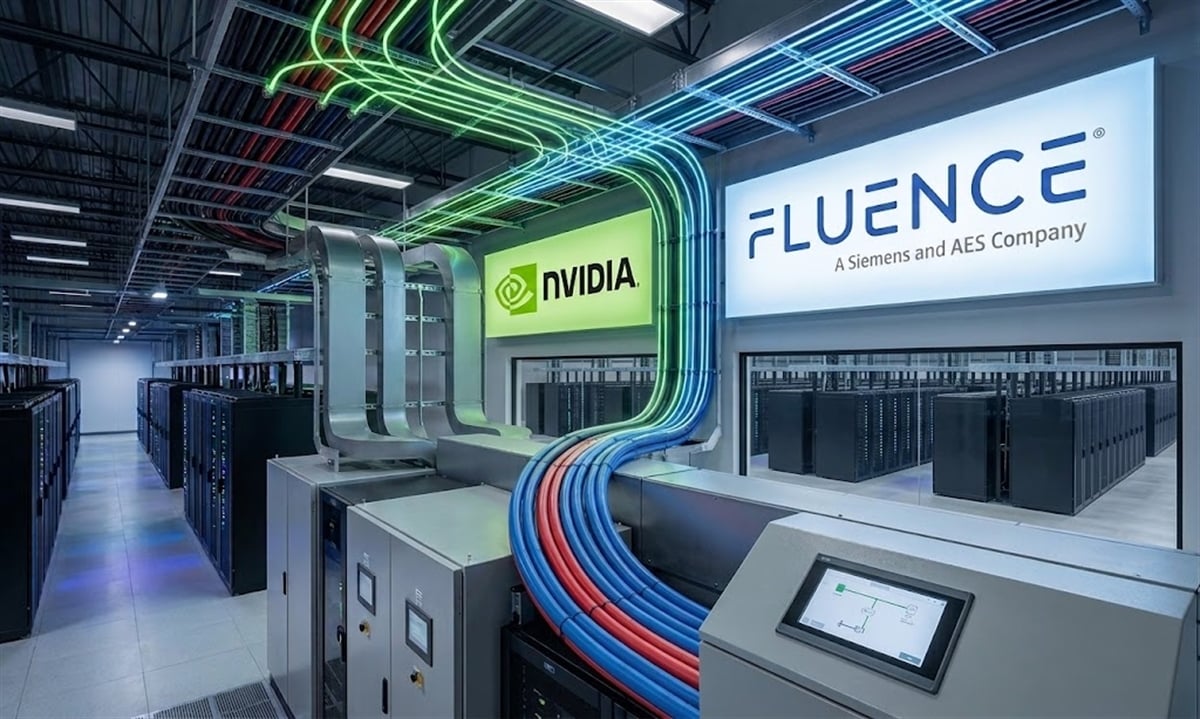 A data center interior displaying NVIDIA and Fluence, a Siemens and AES Company, logos alongside server racks and colorful cable bundles.
