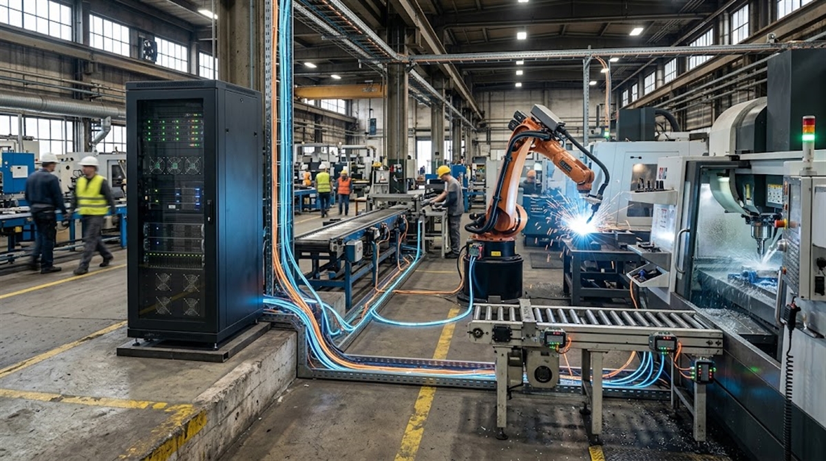 An industrial robotic arm performs welding on a factory floor alongside workers and automated machinery.