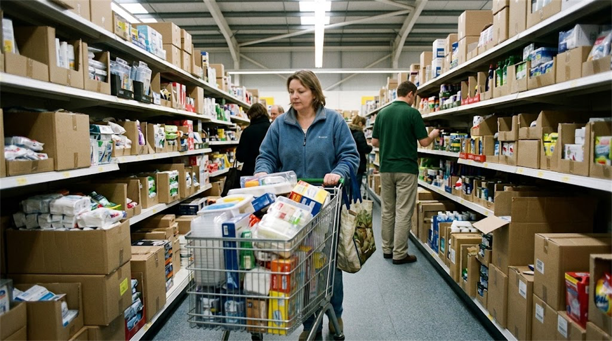 A shopper pushes a full cart through a bulk retail store aisle stocked with packaged goods.