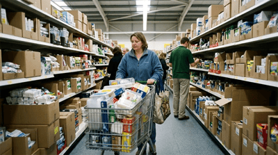 A shopper pushes a full cart through a bulk retail store aisle stocked with packaged goods.