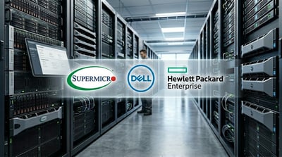Logos of Supermicro, Dell, and Hewlett Packard Enterprise overlaid on a data center aisle with server racks.