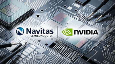 Navitas Semiconductor and Nvidia logos displayed over a stylized semiconductor circuit board background.