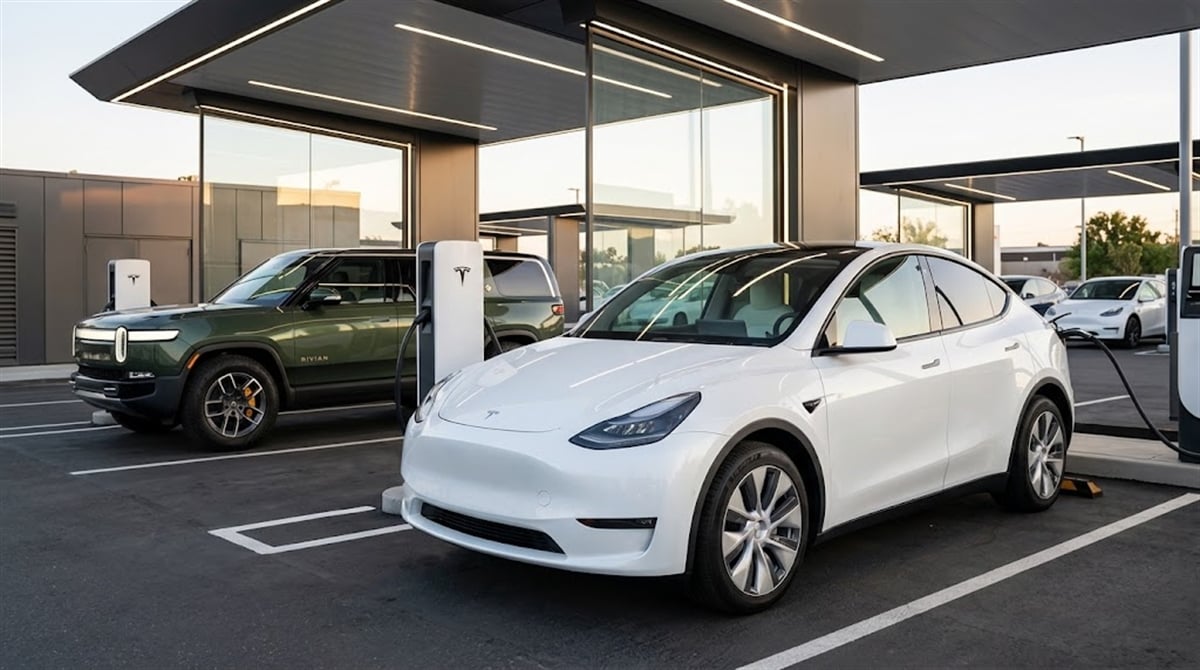 A white Tesla Model Y and a green Rivian SUV charge at a Tesla Supercharger station.