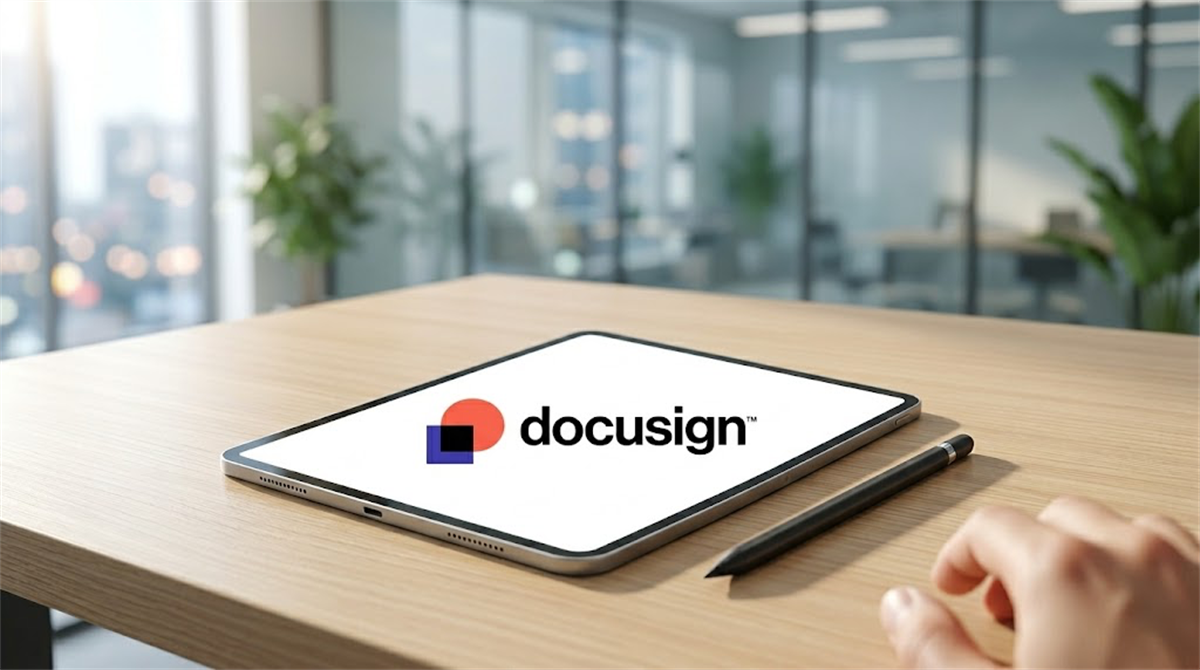 The Docusign logo displayed on a tablet screen resting on a desk in a modern office setting.
