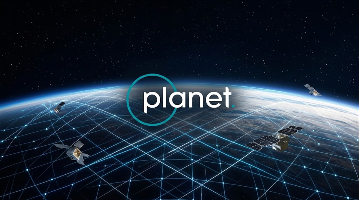 Planet Labs logo displayed over a rendered illustration of satellites orbiting Earth.