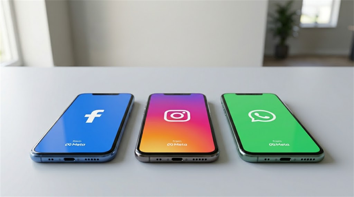 Three smartphones display the Facebook, Instagram, and WhatsApp logos, each labeled "from Meta."