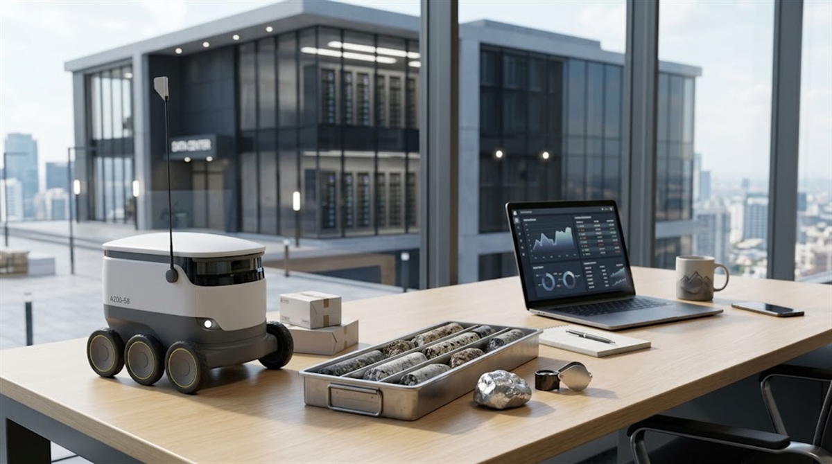 A small autonomous delivery robot sits on a desk beside mineral core samples and a laptop displaying financial charts.