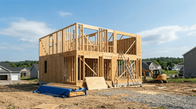 A two-story residential home under construction showing wooden framing and an excavator in a suburban neighborhood.