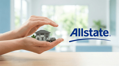 Allstate logo beside cupped hands holding a miniature house and car, representing home and auto insurance.
