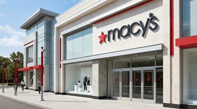 Exterior of a Macy's retail store with branded signage, display windows, and pedestrians on the sidewalk.