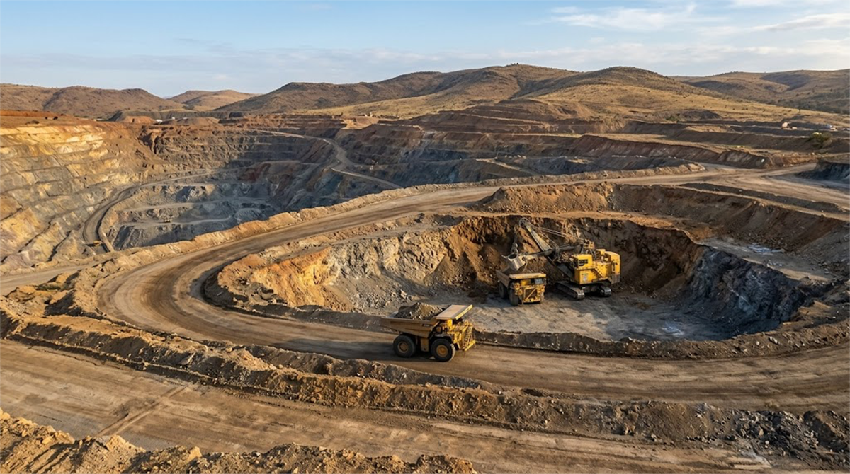 Aerial view of a large open-pit mine with haul trucks and excavation equipment on terraced roads.