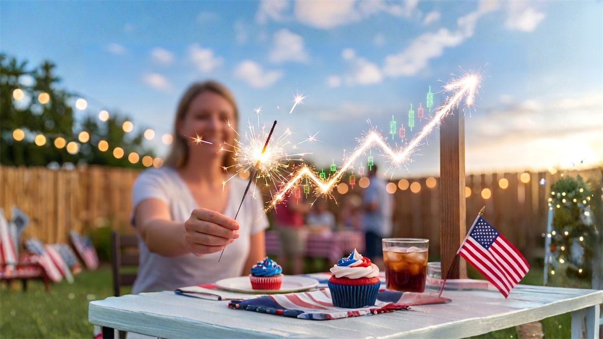A woman holds a sparkler at a Fourth of July backyard gathering, with a stock chart graphic overlaid.
