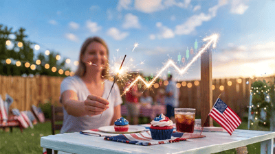 A woman holds a sparkler at a Fourth of July backyard gathering, with a stock chart graphic overlaid.