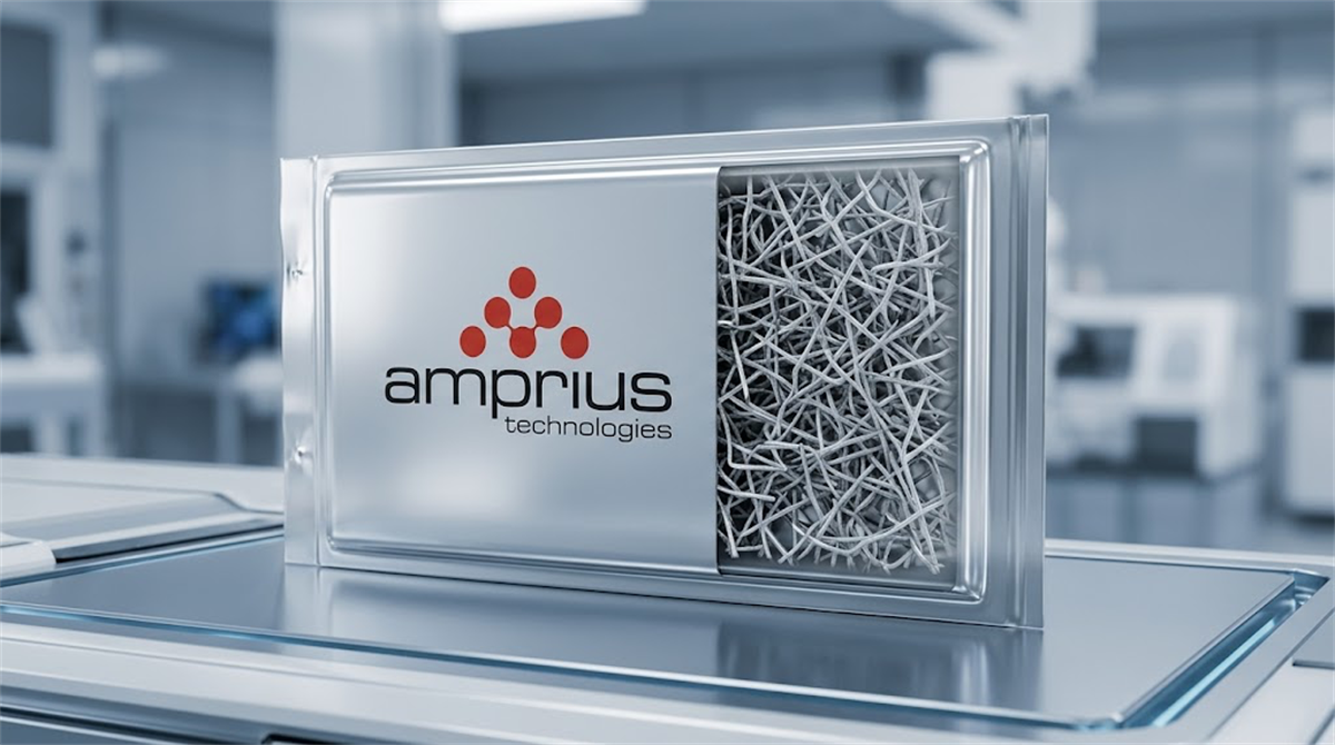 Amprius Technologies branded battery cell with a cutaway view showing silicon nanowire anode material inside a lab setting.