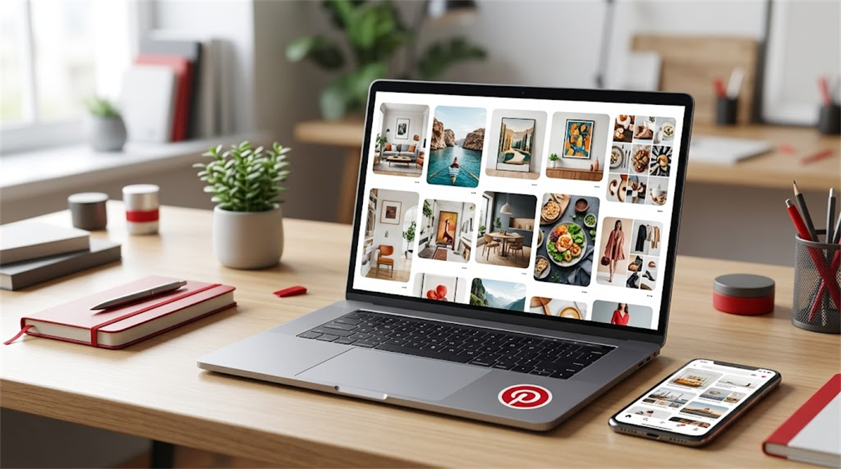 A laptop displaying the Pinterest platform's image grid sits on a desk alongside a smartphone showing the Pinterest app.