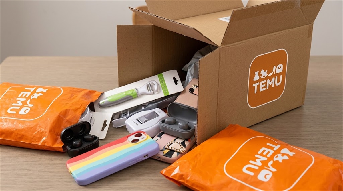 An open Temu-branded cardboard box and orange poly mailers spill assorted consumer goods onto a table.
