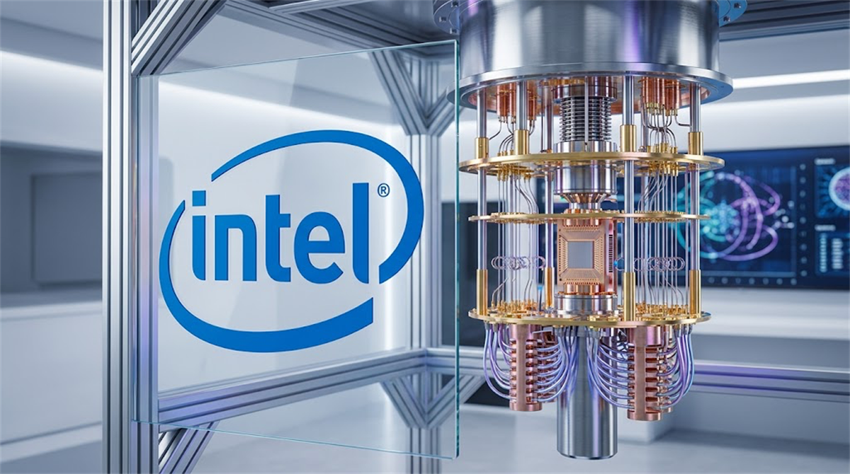 Intel logo displayed beside a quantum computing hardware unit in a laboratory setting.