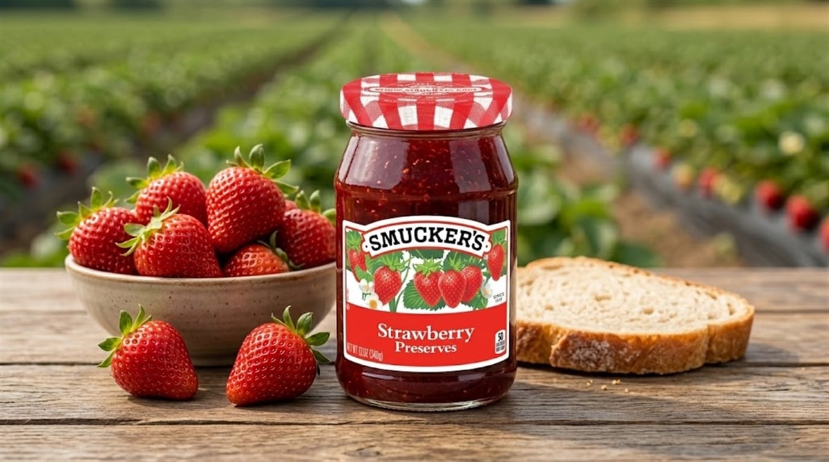 A jar of Smucker's Strawberry Preserves on a wooden table beside fresh strawberries and sliced bread.