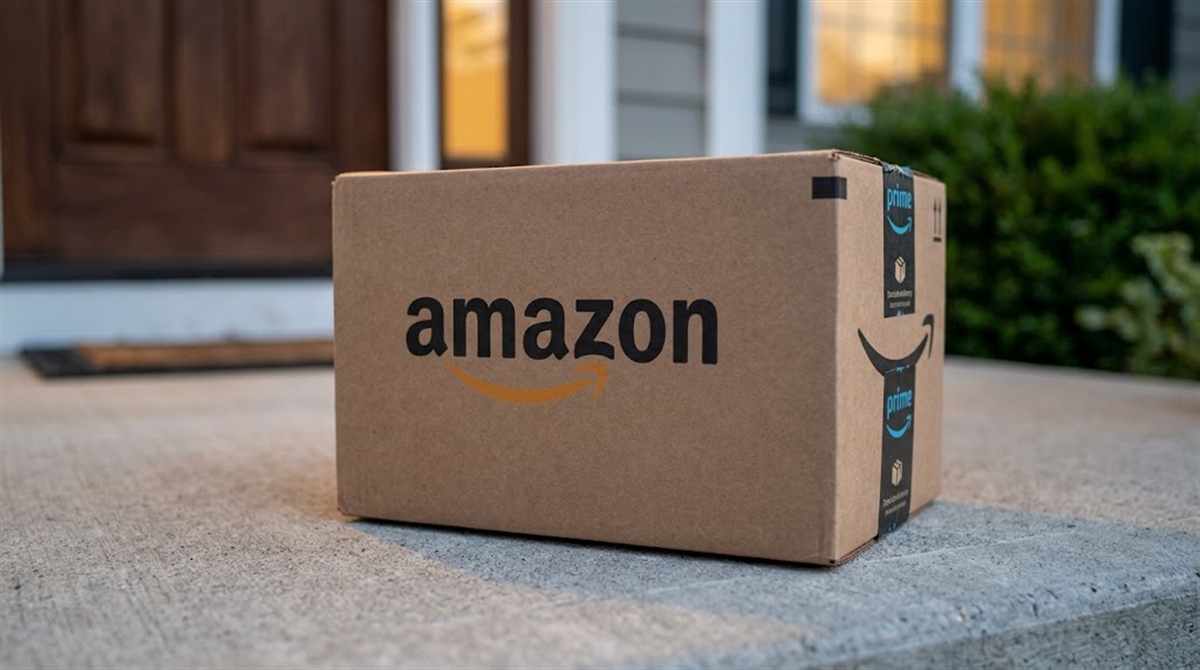 An Amazon Prime delivery package sits on a residential front doorstep.