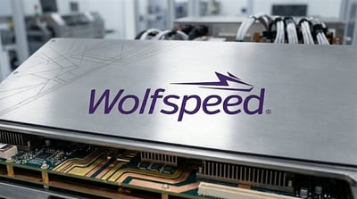Wolfspeed logo displayed on industrial power electronics hardware inside a manufacturing facility.