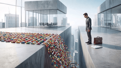 A businessman in a suit stands on a high-rise ledge as colorful pharmaceutical capsules spill over the edge.