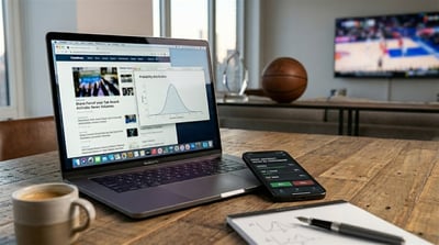 A MacBook Pro and smartphone displaying financial data and a probability distribution chart on a wooden desk.