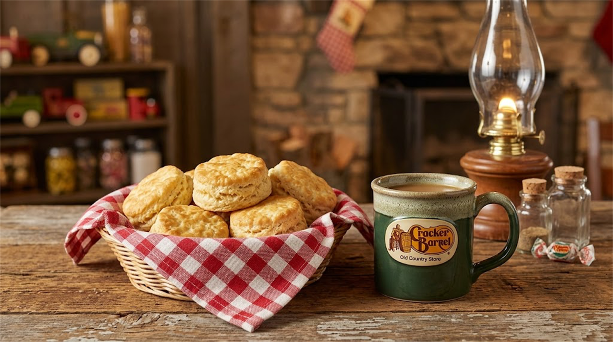 A Cracker Barrel Old Country Store branded mug and a basket of biscuits on a rustic wooden table.