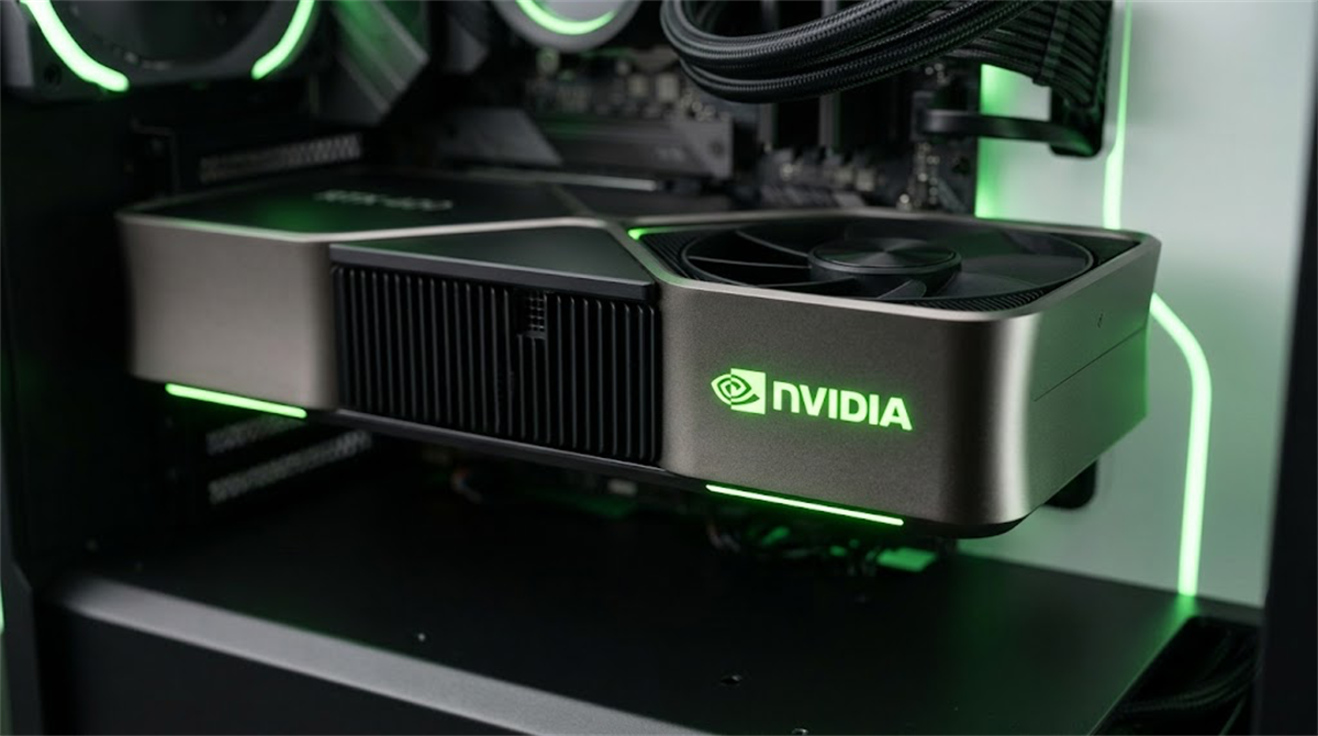 An Nvidia-branded GPU installed inside a desktop PC case with green lighting.