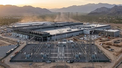 Aerial view of a large data center campus under construction in a desert setting with a high-voltage utility substation in the foreground.