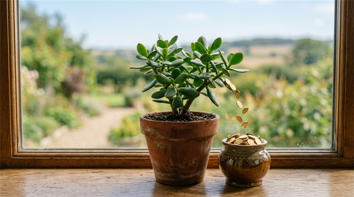 A jade plant in a terracotta pot beside a small ceramic jar overflowing with gold coins on a windowsill.