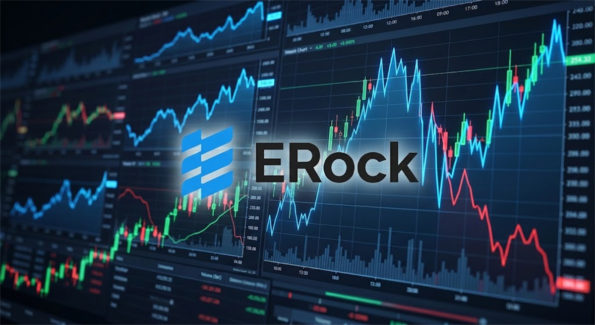 ERock logo displayed against a dark background featuring stock price charts and candlestick graphs.