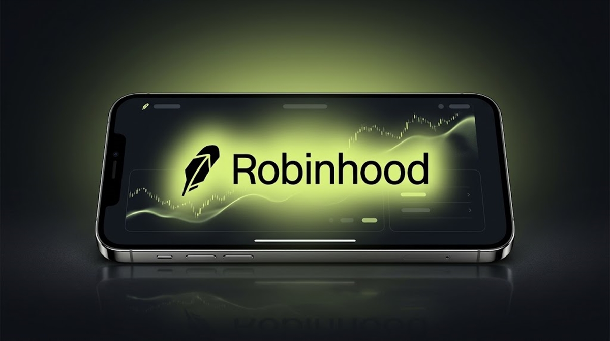 A smartphone displays the Robinhood logo alongside a glowing green stock chart graphic.